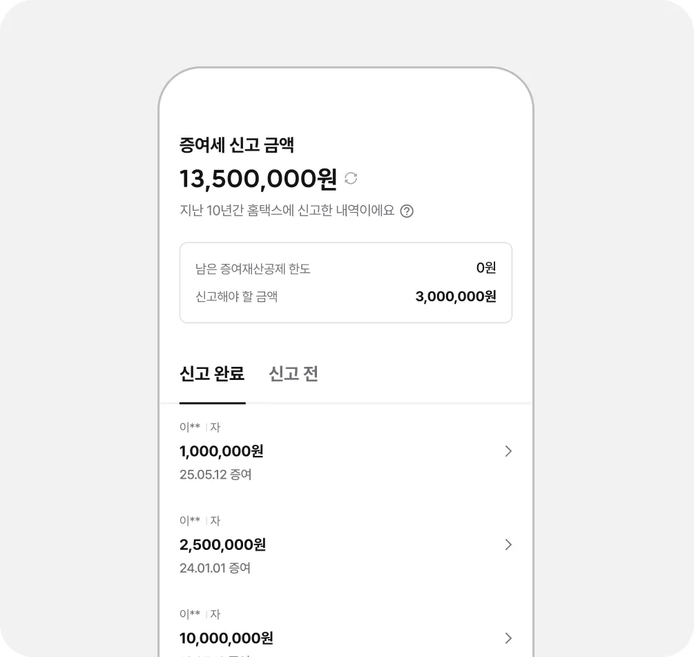증여 내역과 신고 금액 관리 화면